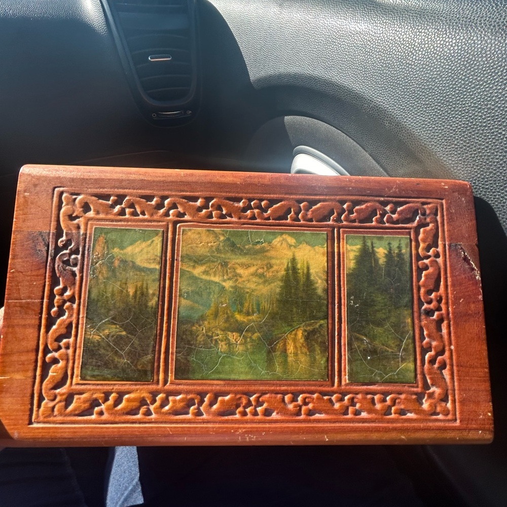 Wooden Box with Mountain Landscape Design vintage trinkets